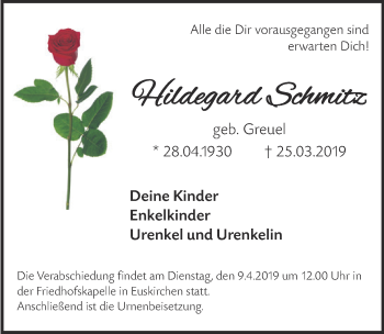 Anzeige von Hildegard Schmitz von  Blickpunkt Euskirchen 