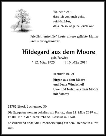 Anzeige von Hildegard aus dem Moore von Kölner Stadt-Anzeiger / Kölnische Rundschau / Express