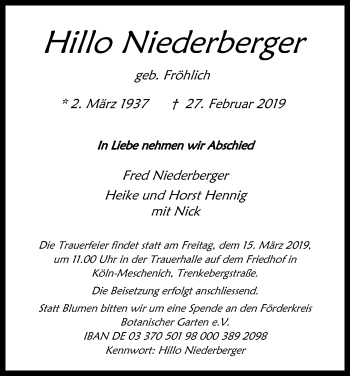 Anzeige von Hillo Niederberger von Kölner Stadt-Anzeiger / Kölnische Rundschau / Express