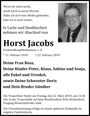 Anzeige von Horst Jacobs von Kölner Stadt-Anzeiger / Kölnische Rundschau / Express