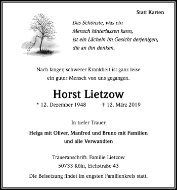 Anzeige von Horst Lietzow von Kölner Stadt-Anzeiger / Kölnische Rundschau / Express
