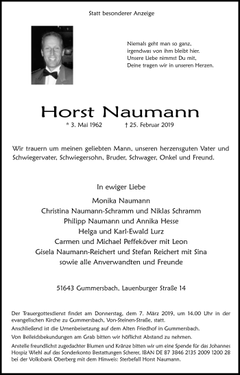 Anzeige von Horst Naumann von Kölner Stadt-Anzeiger / Kölnische Rundschau / Express