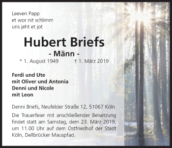 Anzeige von Hubert Briefs von Kölner Stadt-Anzeiger / Kölnische Rundschau / Express