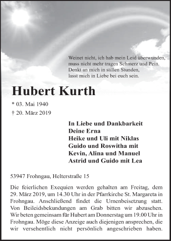 Anzeige von Hubert Kurth von  Blickpunkt Euskirchen 