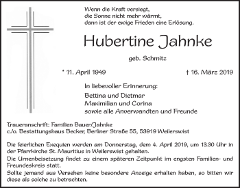 Anzeige von Hubertine Jahnke von  Blickpunkt Euskirchen 