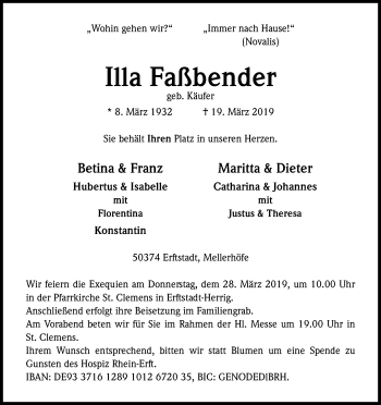 Anzeige von Illa Faßbender von Kölner Stadt-Anzeiger / Kölnische Rundschau / Express