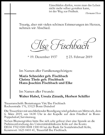 Anzeige von Ilse Fischbach von Kölner Stadt-Anzeiger / Kölnische Rundschau / Express