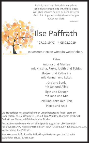 Anzeige von Ilse Paffrath von Kölner Stadt-Anzeiger / Kölnische Rundschau / Express