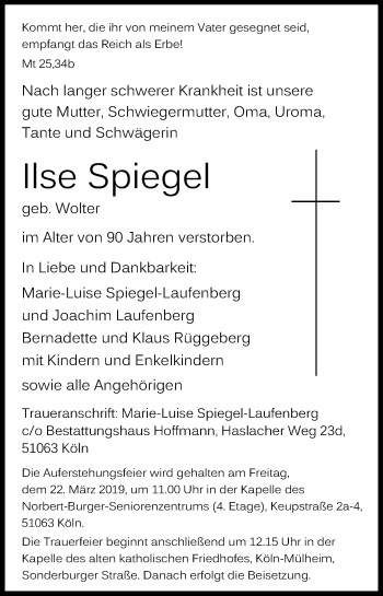 Anzeige von Ilse Spiegel von Kölner Stadt-Anzeiger / Kölnische Rundschau / Express