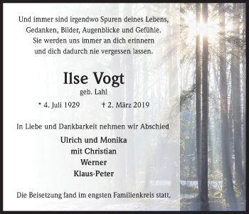 Anzeige von Ilse Vogt von Kölner Stadt-Anzeiger / Kölnische Rundschau / Express