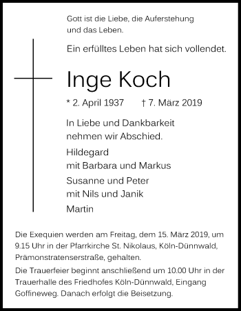 Anzeige von Inge Koch von Kölner Stadt-Anzeiger / Kölnische Rundschau / Express