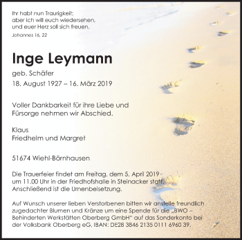 Anzeige von Inge Leymann von Kölner Stadt-Anzeiger / Kölnische Rundschau / Express