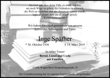 Anzeige von Inge Späther von Kölner Stadt-Anzeiger / Kölnische Rundschau / Express
