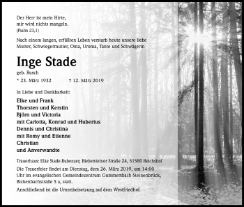 Anzeige von Inge Stade von Kölner Stadt-Anzeiger / Kölnische Rundschau / Express
