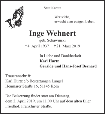 Anzeige von Inge Wehnert von  Kölner Wochenspiegel 