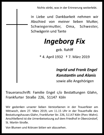 Anzeige von Ingeborg Fix von Kölner Stadt-Anzeiger / Kölnische Rundschau / Express