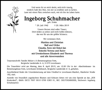 Anzeige von Ingeborg Schuhmacher von Kölner Stadt-Anzeiger / Kölnische Rundschau / Express