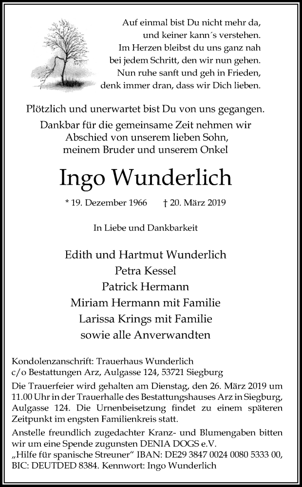  Traueranzeige für Ingo Wunderlich vom 26.03.2019 aus Kölner Stadt-Anzeiger / Kölnische Rundschau / Express