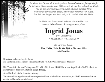 Anzeige von Ingrid Jonas von Kölner Stadt-Anzeiger / Kölnische Rundschau / Express