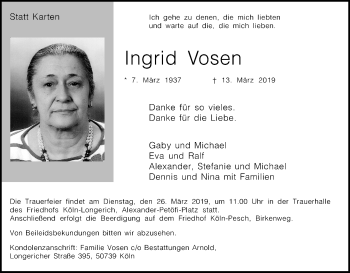 Anzeige von Ingrid Vosen von Kölner Stadt-Anzeiger / Kölnische Rundschau / Express