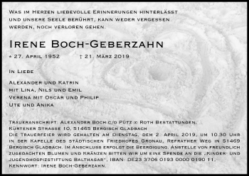 Anzeige von Irene Boch-Geberzahn von Kölner Stadt-Anzeiger / Kölnische Rundschau / Express