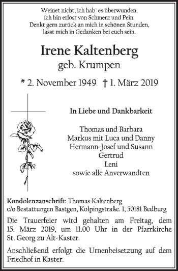 Anzeige von Irene Kaltenberg von  Sonntags-Post 