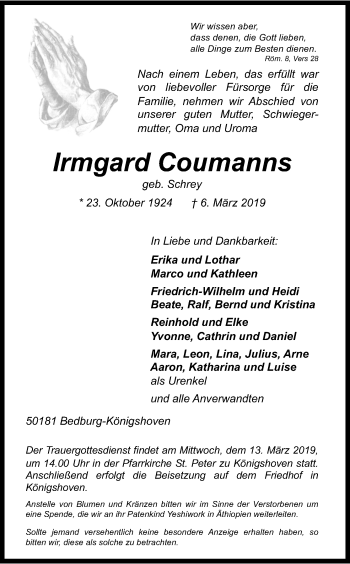 Anzeige von Irmgard Coumanns von Kölner Stadt-Anzeiger / Kölnische Rundschau / Express