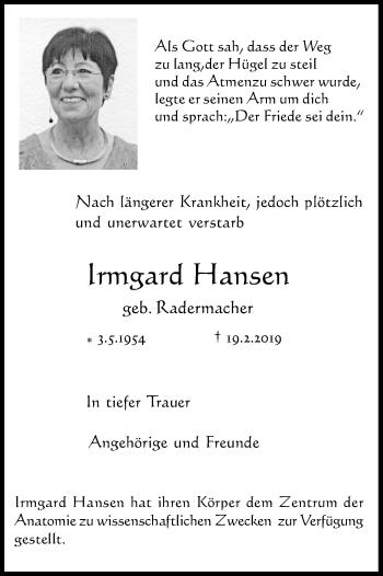Anzeige von Irmgard Hansen von Kölner Stadt-Anzeiger / Kölnische Rundschau / Express
