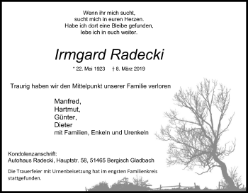 Anzeige von Irmgard Radecki von Kölner Stadt-Anzeiger / Kölnische Rundschau / Express