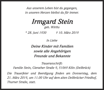 Anzeige von Irmgard Stein von  Kölner Wochenspiegel 