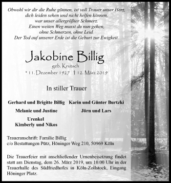 Anzeige von Jakobine Billig von Kölner Stadt-Anzeiger / Kölnische Rundschau / Express