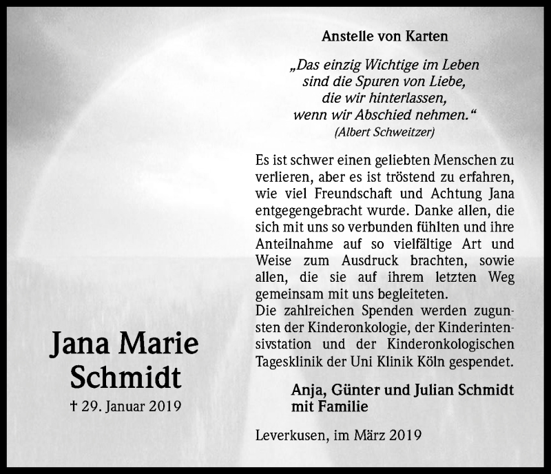  Traueranzeige für Jana Marie Schmidt vom 16.03.2019 aus Kölner Stadt-Anzeiger / Kölnische Rundschau / Express