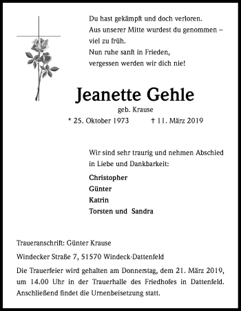 Anzeige von Jeanette Gehle von Kölner Stadt-Anzeiger / Kölnische Rundschau / Express