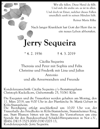 Anzeige von Jerry Sequeira von Kölner Stadt-Anzeiger / Kölnische Rundschau / Express