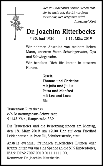 Anzeige von Joachim Ritterbecks von Kölner Stadt-Anzeiger / Kölnische Rundschau / Express