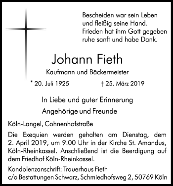 Anzeige von Johann Fieth von Kölner Stadt-Anzeiger / Kölnische Rundschau / Express
