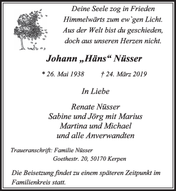 Anzeige von Johann  Nüsser von  Sonntags-Post 