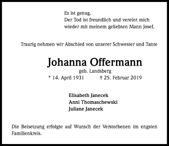 Anzeige von Johanna Offermann von Kölner Stadt-Anzeiger / Kölnische Rundschau / Express