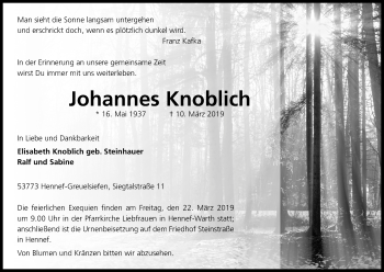 Anzeige von Johannes Knoblich von Kölner Stadt-Anzeiger / Kölnische Rundschau / Express