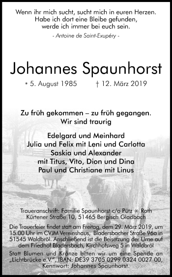 Anzeige von Johannes Spaunhorst von Kölner Stadt-Anzeiger / Kölnische Rundschau / Express