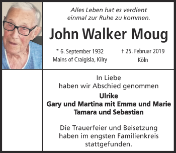 Anzeige von John Walker Moug von  Kölner Wochenspiegel 