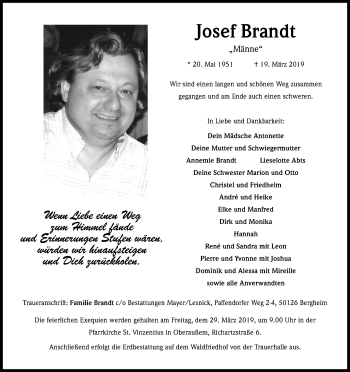 Anzeige von Josef Brandt von Kölner Stadt-Anzeiger / Kölnische Rundschau / Express