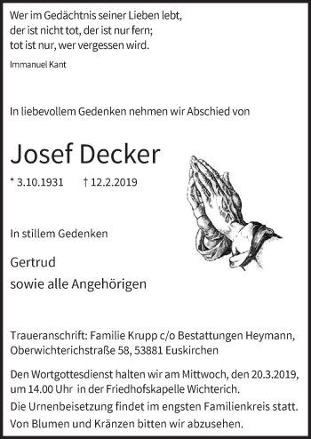 Anzeige von Josef Decker von  Blickpunkt Euskirchen 