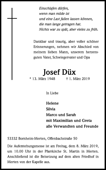 Anzeige von Josef Düx von Kölner Stadt-Anzeiger / Kölnische Rundschau / Express