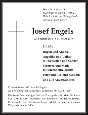 Anzeige von Josef Engels von  Wochenende 