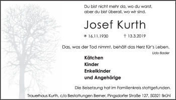 Anzeige von Josef Kurth von  Schlossbote/Werbekurier 