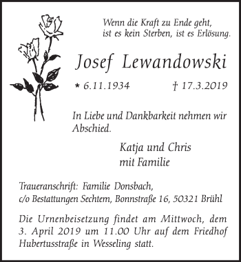 Anzeige von Josef Lewandowski von  Schlossbote/Werbekurier 