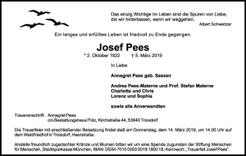 Anzeige von Josef Pees von Kölner Stadt-Anzeiger / Kölnische Rundschau / Express