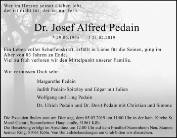 Anzeige von Josef Alfred Pedain von Kölner Stadt-Anzeiger / Kölnische Rundschau / Express