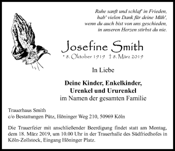Anzeige von Josefine Smith von Kölner Stadt-Anzeiger / Kölnische Rundschau / Express